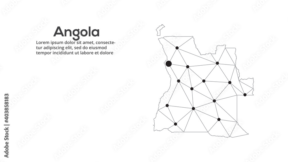 Poster angola communication network map. vector image of a low poly global map with city lights. map in the