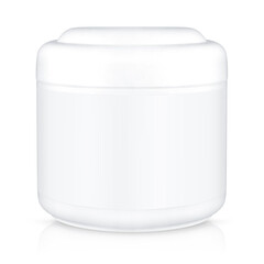 white plastic cosmetic container with blank label isolated on a white background