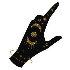 Woman hand icon with celestial gold elements on the white isolated background. Lunar Zodiac Decor Clipart.