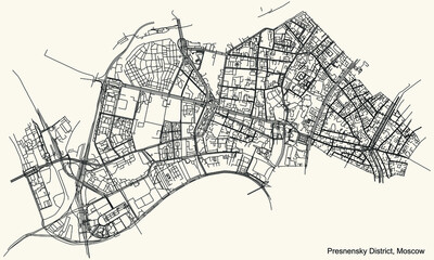 Black simple detailed street roads map on vintage beige background of the neighbourhood Presnensky District of the Central Administrative Okrug of Moscow, Russia