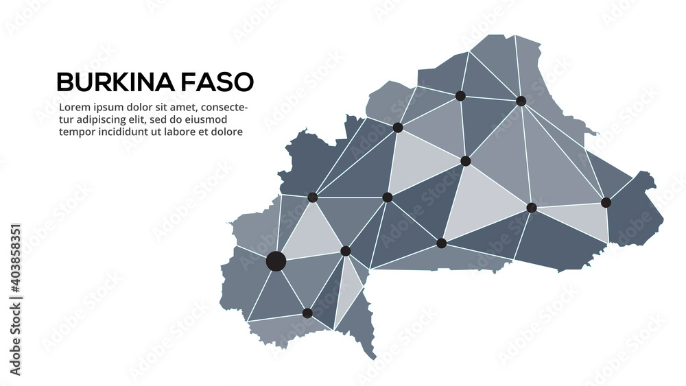 Poster burkina faso communication network map. vector image of a low poly global map with city lights. map 