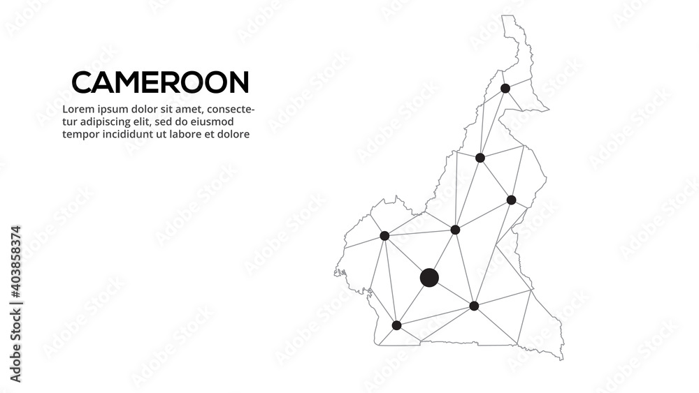 Poster cameroun communication network map. vector image of a low poly global map with city lights. map in t