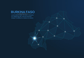 Burkina Faso communication network map. Vector low poly image of a global map with lights in the form of cities. Map in the form of a constellation, mute and stars.