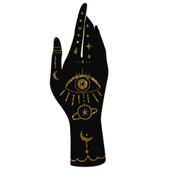 Woman hand icon with celestial gold elements on the white isolated background. Lunar Zodiac Decor Clipart.