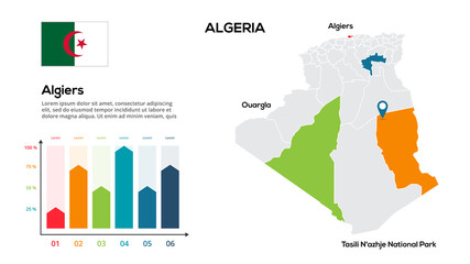 Algeria map. Vector image of a global map in the form of regions of Algeria regions. flag. Infographic timeline. Easy to edit