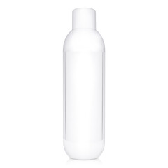 white plastic cosmetic bottle with blank label isolated on a white background