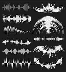 White music waves logo collection with audio symbols on black background. Modern sound equalizer elements set. flat isolated waveform technology jpeg illustration