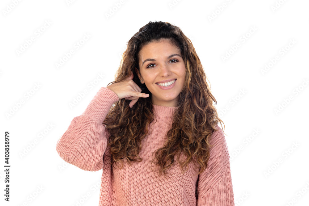 Poster Beautiful middle aged woman with pink woolen sweater