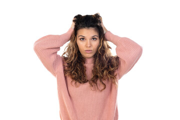 Beautiful middle aged woman with pink woolen sweater