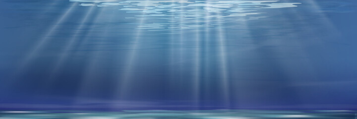 Under water with wave in deep blue on the island, Cartoon ocean with sun rays shining, Abstract marine design template for summer with blue ocean, under the sea background, Vector mesh horizontal © Anchalee