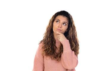 Beautiful middle aged woman with pink woolen sweater