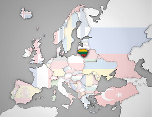 3D Europakarte auf der Litauen hervorgehoben wird und die restlichen Flaggen transparent sind