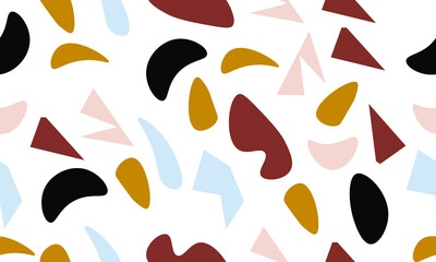 Terrazzo seamless patterns with colorful rock fragments. Set of backdrops with stone pieces or sprinkles. Bundle of rock textures. Vector illustration for wrapping paper, textile print.