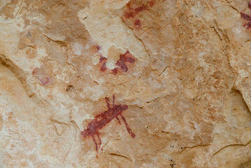 Red rock paintings in the lapel of the eagle on limestone rock in the gorges of the duraton dated to the bronze age