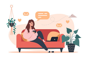 Woman sitting on couch and working on laptop, freelance and learning at home
