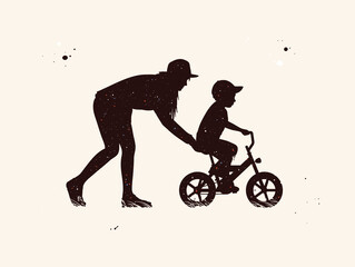 Woman teaching boy to ride bicycle. Mother and child silhouettes