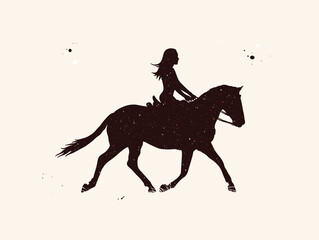 Girl on horse. Female rider abstract silhouette. Night starry sky