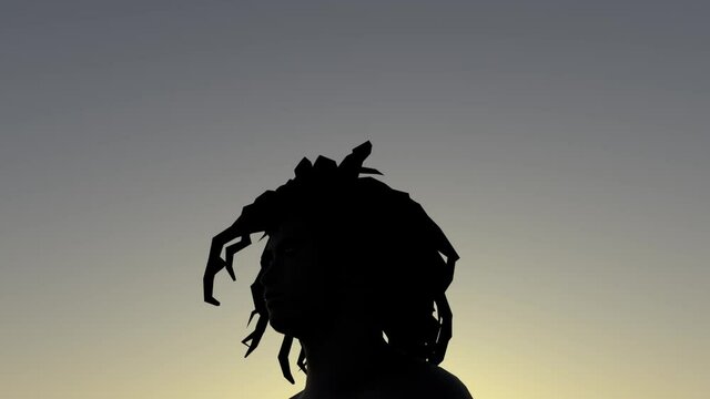 man with dreadlocks falling down, profile view, sky background