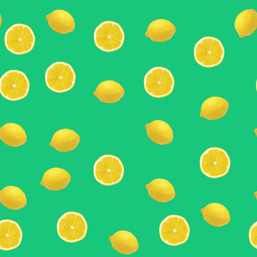 repetition of whole and halved lemons on green background © Alekey