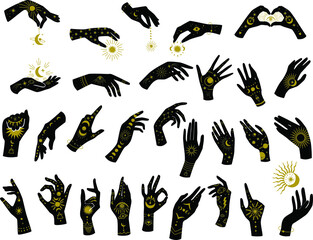 Obraz premium Woman hands icons with celestial gold elements on the white isolated background. Lunar Zodiac Decor Clipart.