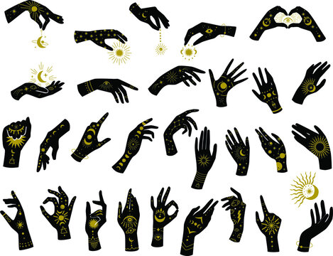 Woman Hands Icons With Celestial Gold Elements On The White Isolated Background. Lunar Zodiac Decor Clipart.