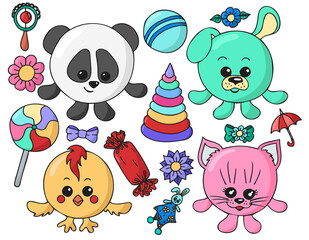 Set of cute hand drawn round animals (panda, dog, chicken, cat), flowers and baby toys in doodle style. Colorful isolated flat cartoon vector illustration	