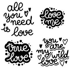 Vector set of lettering about love. Valentines Day. Black and white lettering. Vector illustration