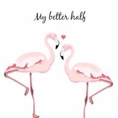 Valentine Day greeting card with flamingo love couple. Loving couple of exotic pink birds forming heart shape and kisses. Romantic  card, poster or wedding invitation design.