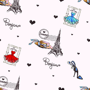 Abstract seamless Paris pattern. Eigel tower repeats print for fashion textile, clothes, wrapping paper.