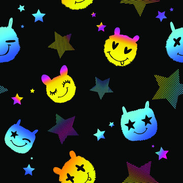 Funny cartoon emotions faces seamless pattern. Happy smiler monsters repeat print. Grunge brush trace track and stars endless ornament.