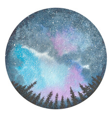 Watercolor illustration.Starry sky and forest
