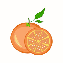 A whole orange with a slice on a white background