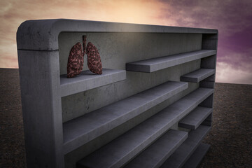 Disease lung inside a maze at sunset magenta sky demonstrating No smoking is complicated. 3D illustration