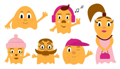 Set of cheerful yellow and bright creature with headphones listening to music, in a pink hat and cap, with round glasses and in a dress with beads.