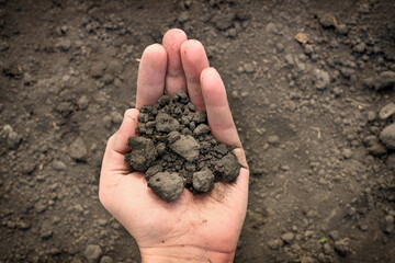Farmers hand on soil background, top view. Agriculture, gardening or ecology concept layout.
