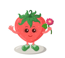 Cute smiling strawberry with sneakers holding flower. Colorful kawaii fruit emoticon. Isolated vector illustration.	