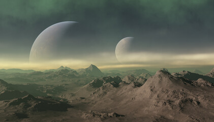 3d rendered Space Art: Alien Planet - A Fantasy Landscape with green skies and stars