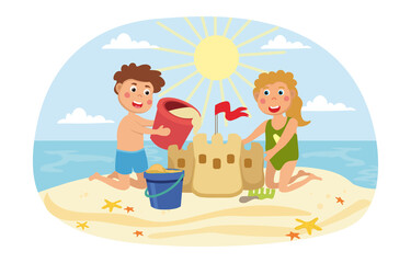 Young brother an sister building a sand castle on a tropical beach at the seaside on a hot sunny summer day, colored cartoon vector illustration