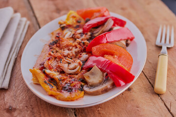 Basa catfish fillet with seared vegetables.