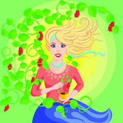 Naklejka na ściany i meble woman, illustration, child, beauty, cartoon, art, young, green, vector, cute, summer, lady, beautiful, flowers, fashion, dress, hair, happy, little, person, design, nature, love, face, spring