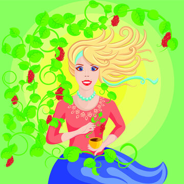woman, illustration, child, beauty, cartoon, art, young, green, vector, cute, summer, lady, beautiful, flowers, fashion, dress, hair, happy, little, person, design, nature, love, face, spring