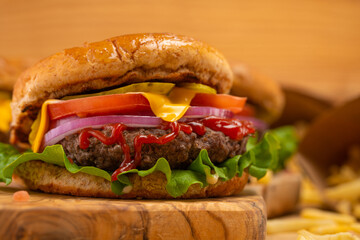 burger, hamburger, lettuce, beef, grilled, food, meal, bun, meat, cheese, wooden, american, cheeseburger, fast, french, fries, unhealthy, eatery, fast food, lunch, patty, sandwich, tomato, background,