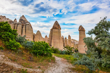 Unusual rock formations in Love Valley in Cappadocia, popular travel destination in Turkey