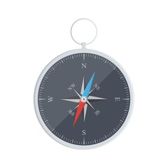 Silver compass with windrose icon. Flat design. Tool navigation and orientation, shows direction relative to geographic points. Template for mobile or web apps.