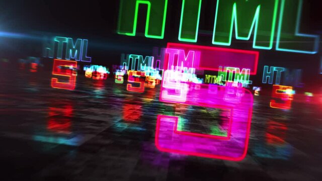 HTML5 coding symbol, development, code, computer language and programming technology light concept. Flight between signs. Futuristic space abstract 3d rendering animation.