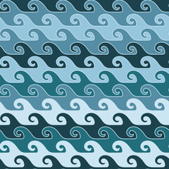 Vector blue green waves lines seamless pattern print background.