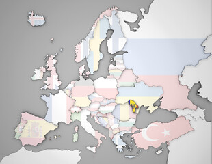 3D Europakarte auf der Moldawien hervorgehoben wird und die restlichen Flaggen transparent sind