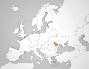 3D Europakarte auf der Moldawien hervorgehoben wird und die restlichen Flaggen transparent sind