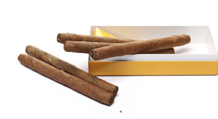 Luxury handmade cigars and box isolated on white background