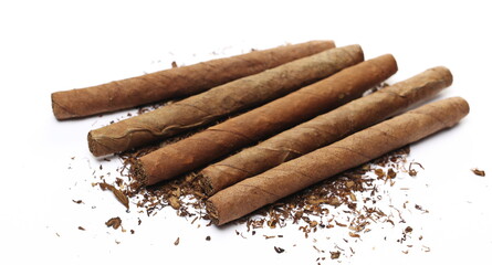 Luxury handmade cigars and tobacco isolated on white background